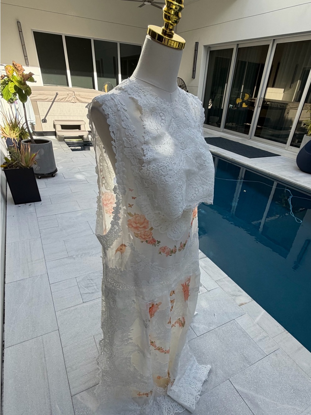 Elegant White Lace Maxi Dress with Peach Floral Accents
